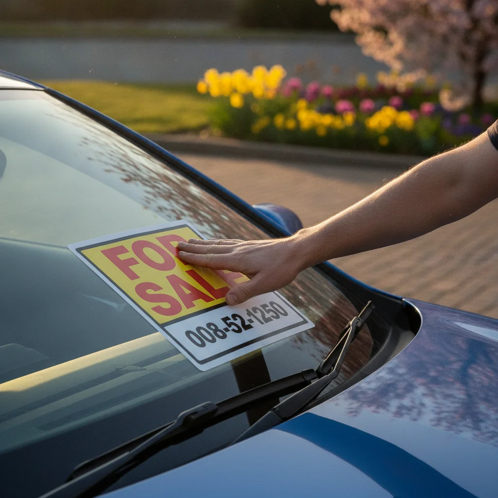 Hand placing a For Sale sign on a car windshield in a sunny spring driveway