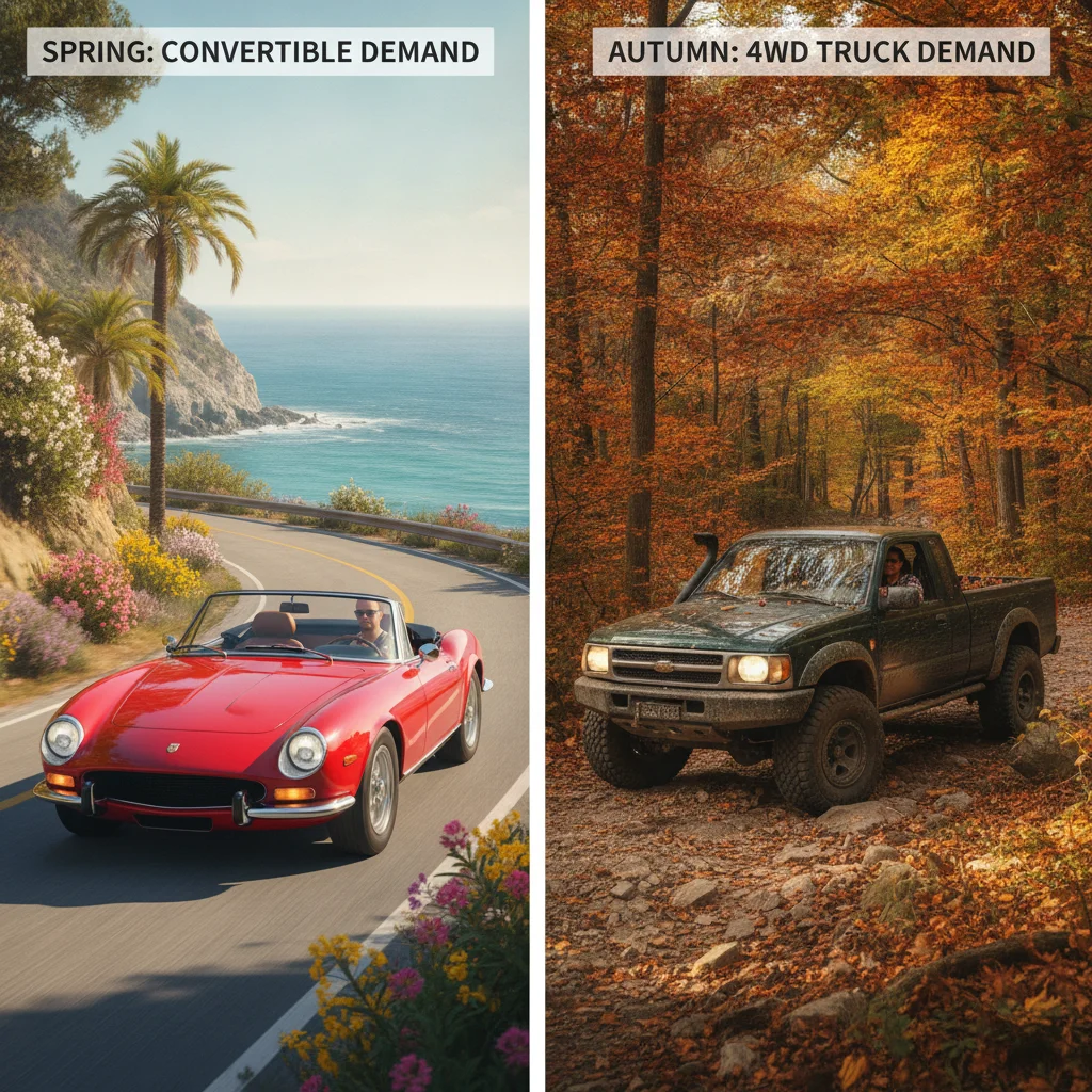 Convertible car in spring sunshine beside a 4WD pickup truck on an autumn forest trail