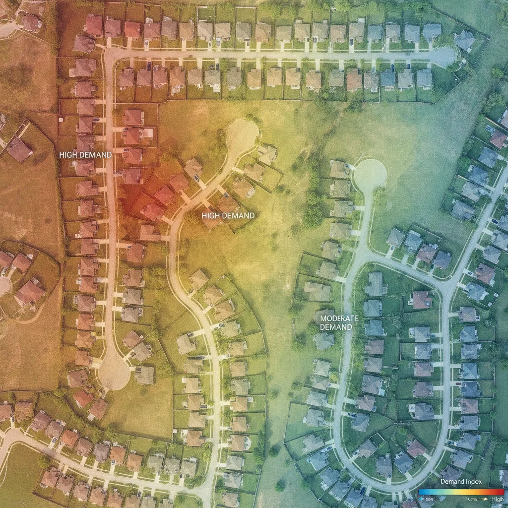 Aerial suburban neighborhood view with demand heat map overlay illustrating regional used car market variation