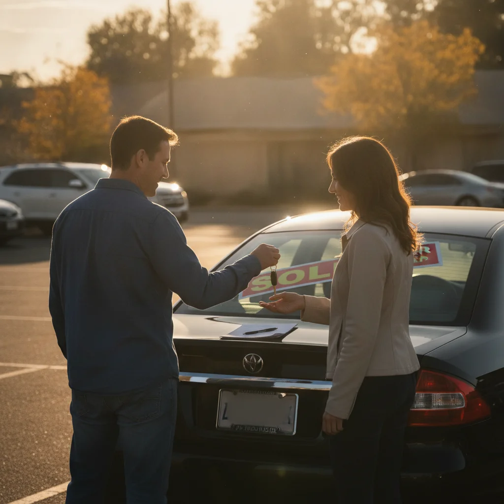 Car seller handing keys to buyer in a parking lot completing a successful private-party sale