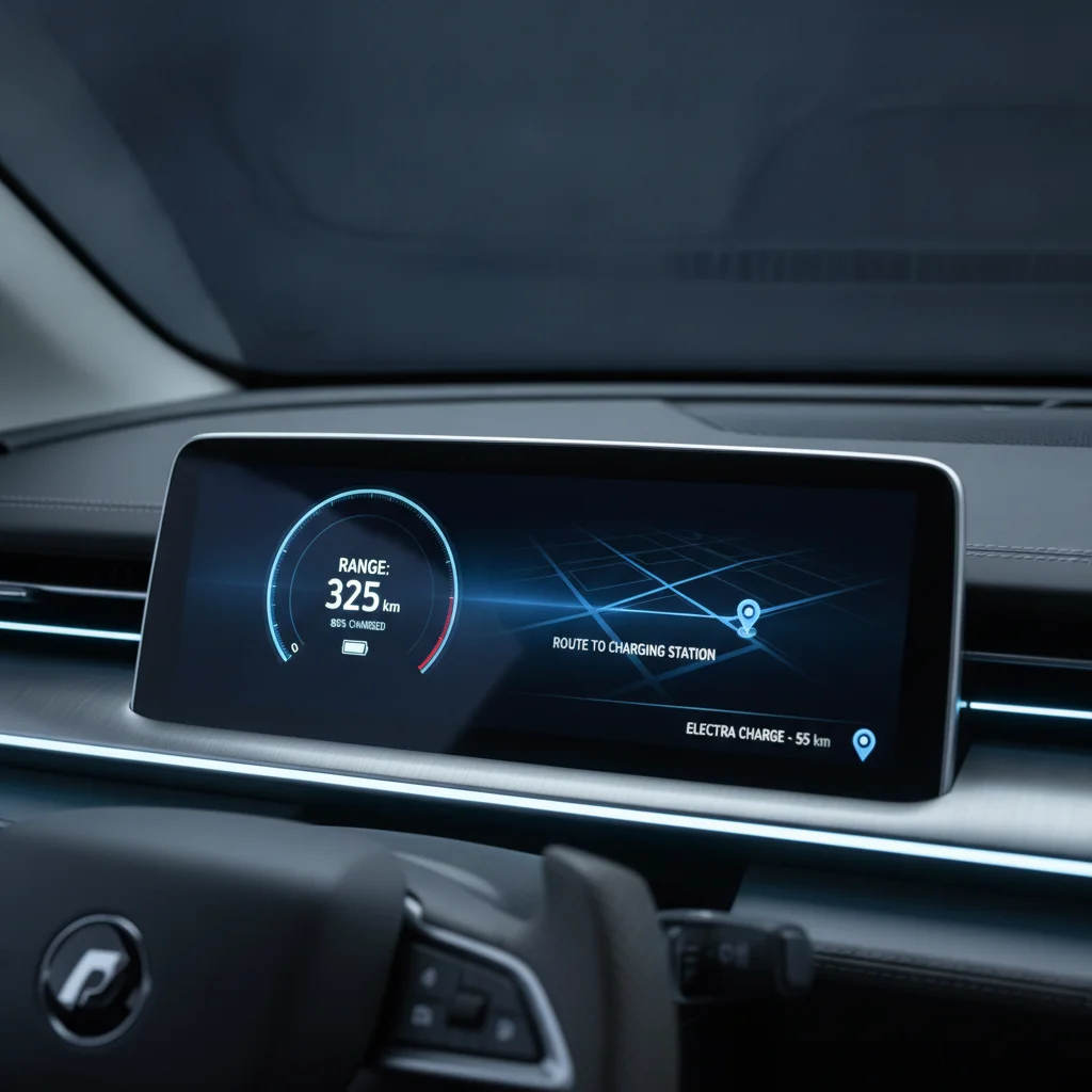 EV dashboard showing battery percentage, remaining range estimate, and next charging stop on navigation