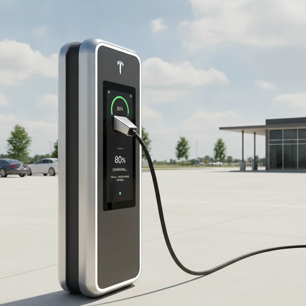 Electric vehicle connected to a DC fast charger showing 80 percent charge on the station display