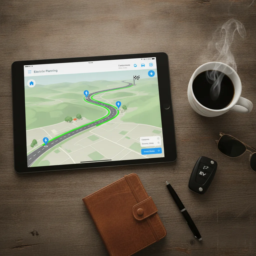 EV route planning app displayed on a tablet showing charging stops marked along a highway route