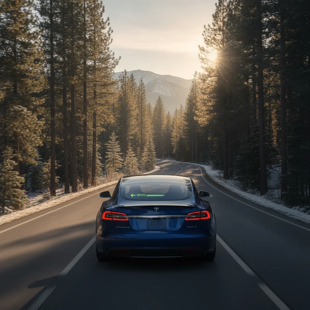 Electric vehicle descending a mountain road with regenerative braking indicator visible on the display