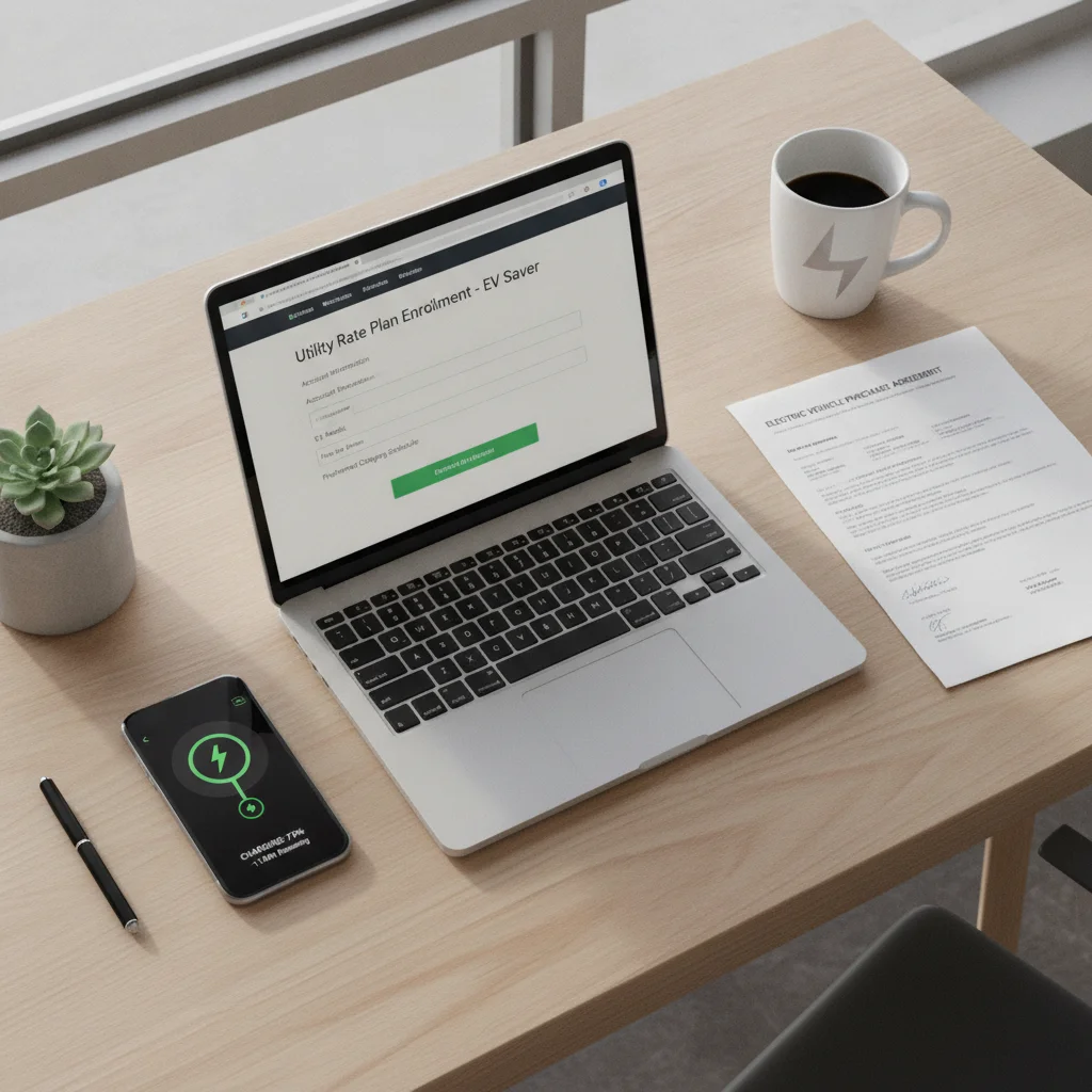 EV owner's desk with laptop showing utility rate plan, smartphone with charging app, and purchase documents