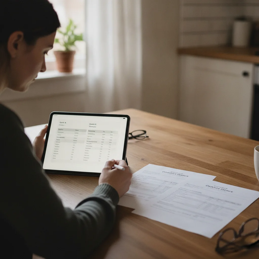 Person comparing two EV auto insurance quotes on a tablet and printed document at a kitchen table