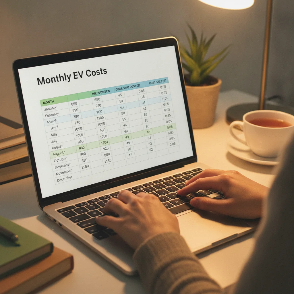 Laptop screen displaying a twelve-month EV cost tracking spreadsheet with columns for miles, charging cost, and cost per mile