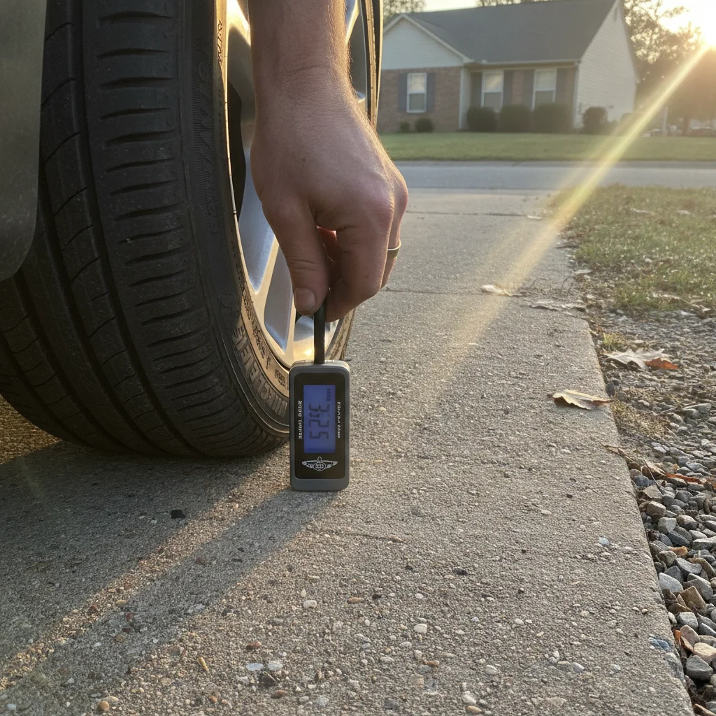 A hand checking tire pressure with a digital gauge before a road trip