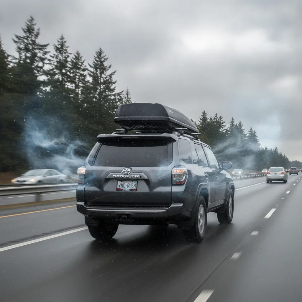 SUV with a rooftop cargo carrier on a highway showing aerodynamic drag impact