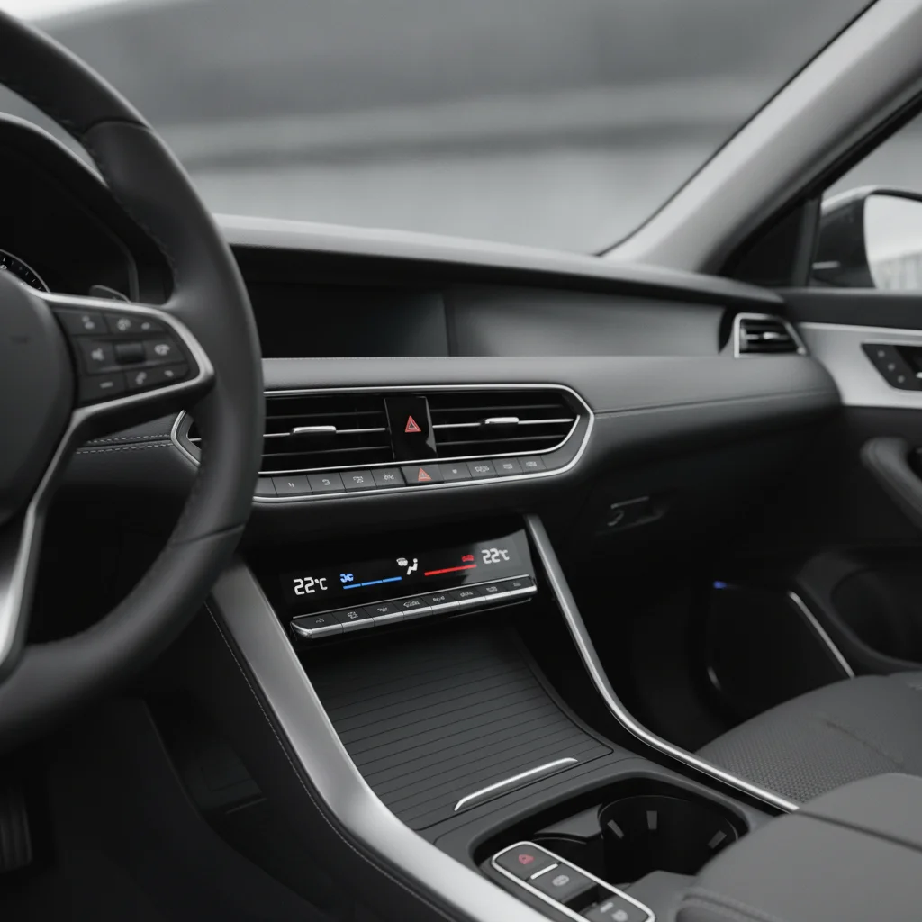 Car dashboard showing AC recirculation mode and moderate temperature control setting