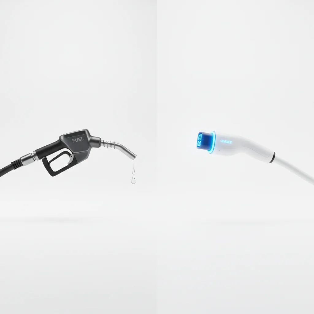Side-by-side comparison of a gas pump nozzle and an EV charging cable representing different road trip fueling strategies