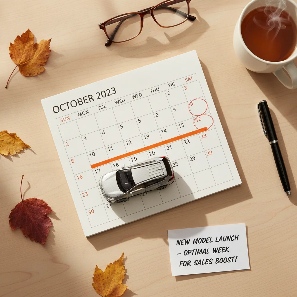 Autumn calendar with a small SUV model placed on a highlighted week, illustrating seasonal sale timing.