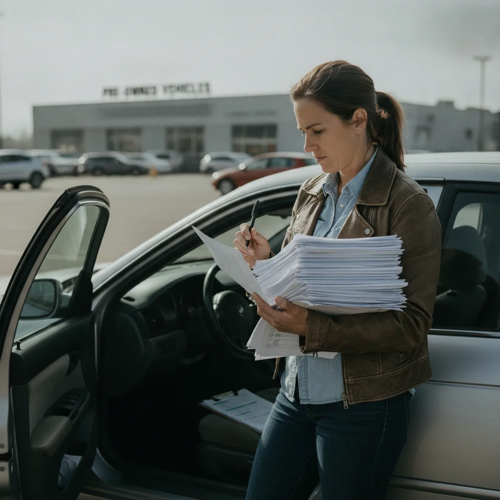 Seller reviewing vehicle service records and documentation beside their car before listing it for sale.