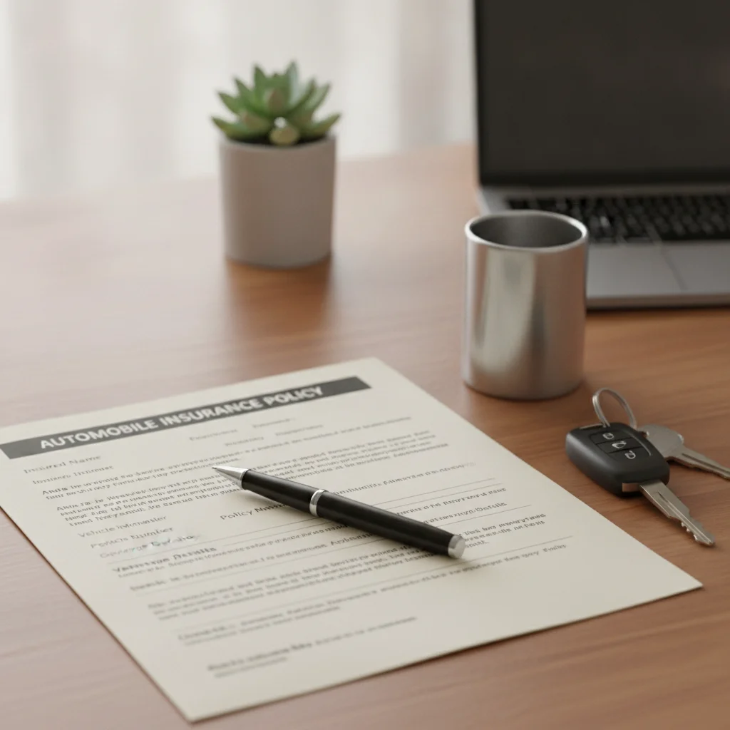 Auto insurance policy document on a desk next to car keys and a pen