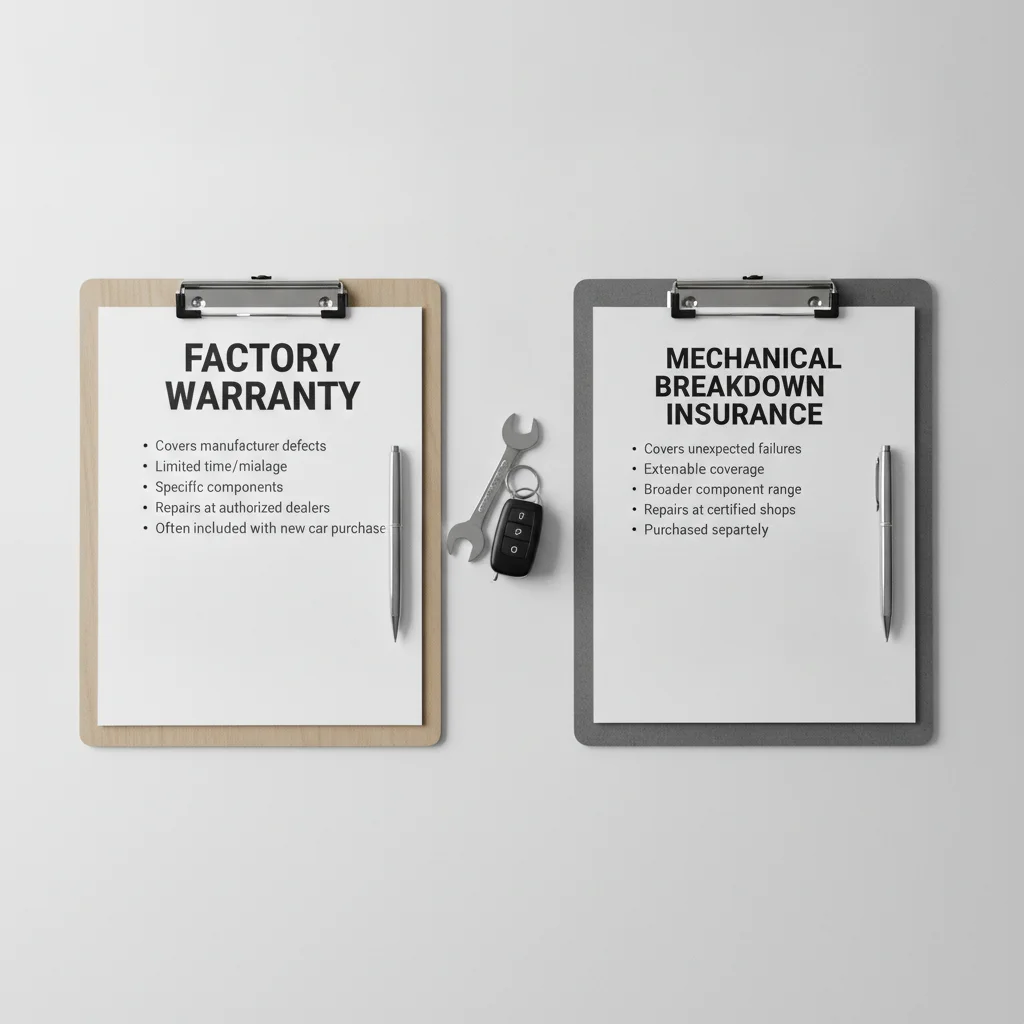 Two clipboards comparing factory warranty and mechanical breakdown insurance on a workbench