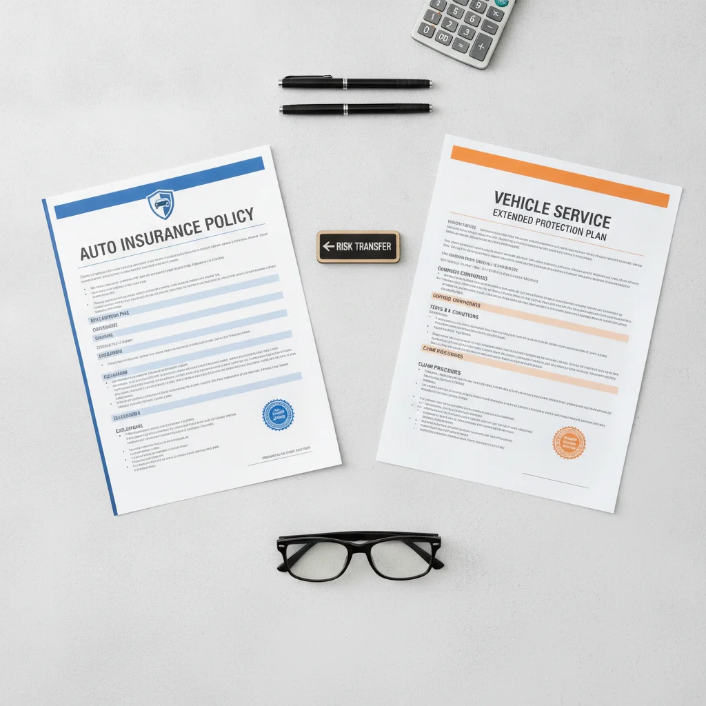 An insurance policy document and a vehicle service contract placed side by side on a desk