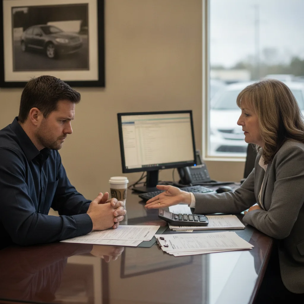 Car buyer reviewing extended warranty paperwork with a finance manager at a dealership