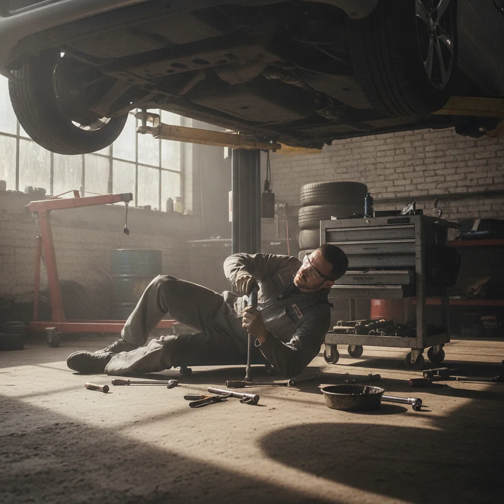 Mechanic working on a lifted car at an independent repair shop with tools visible
