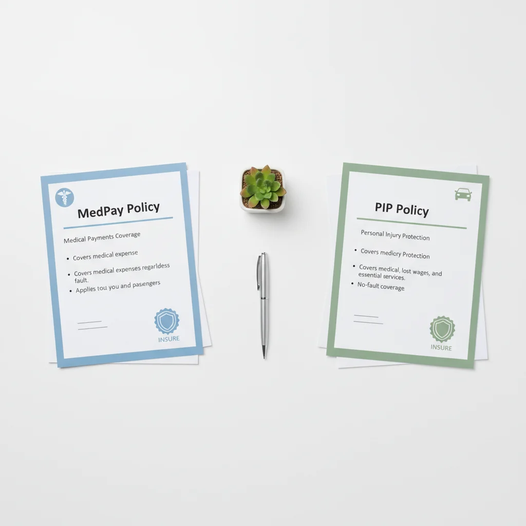 Two insurance policy documents side by side representing MedPay and PIP coverage options