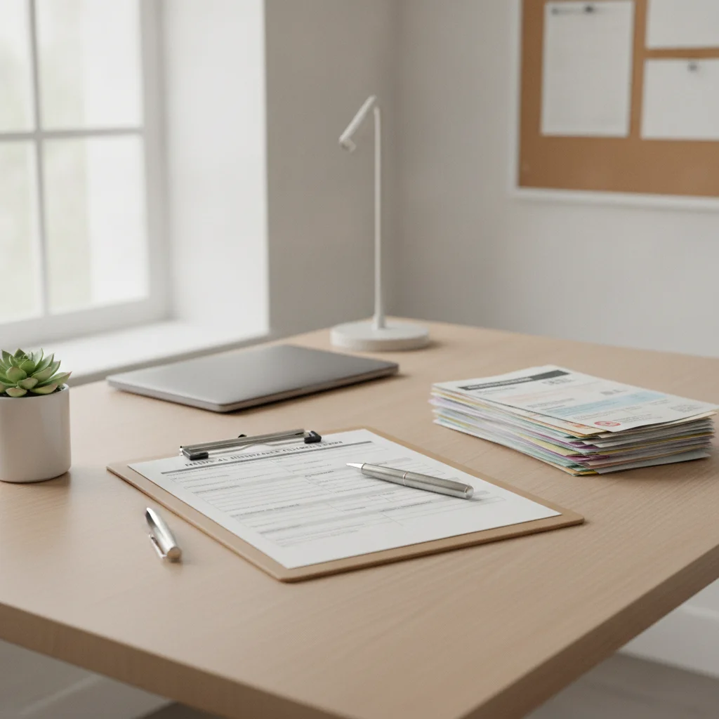 Insurance claims form on a clipboard next to organized medical bills and a pen on a desk