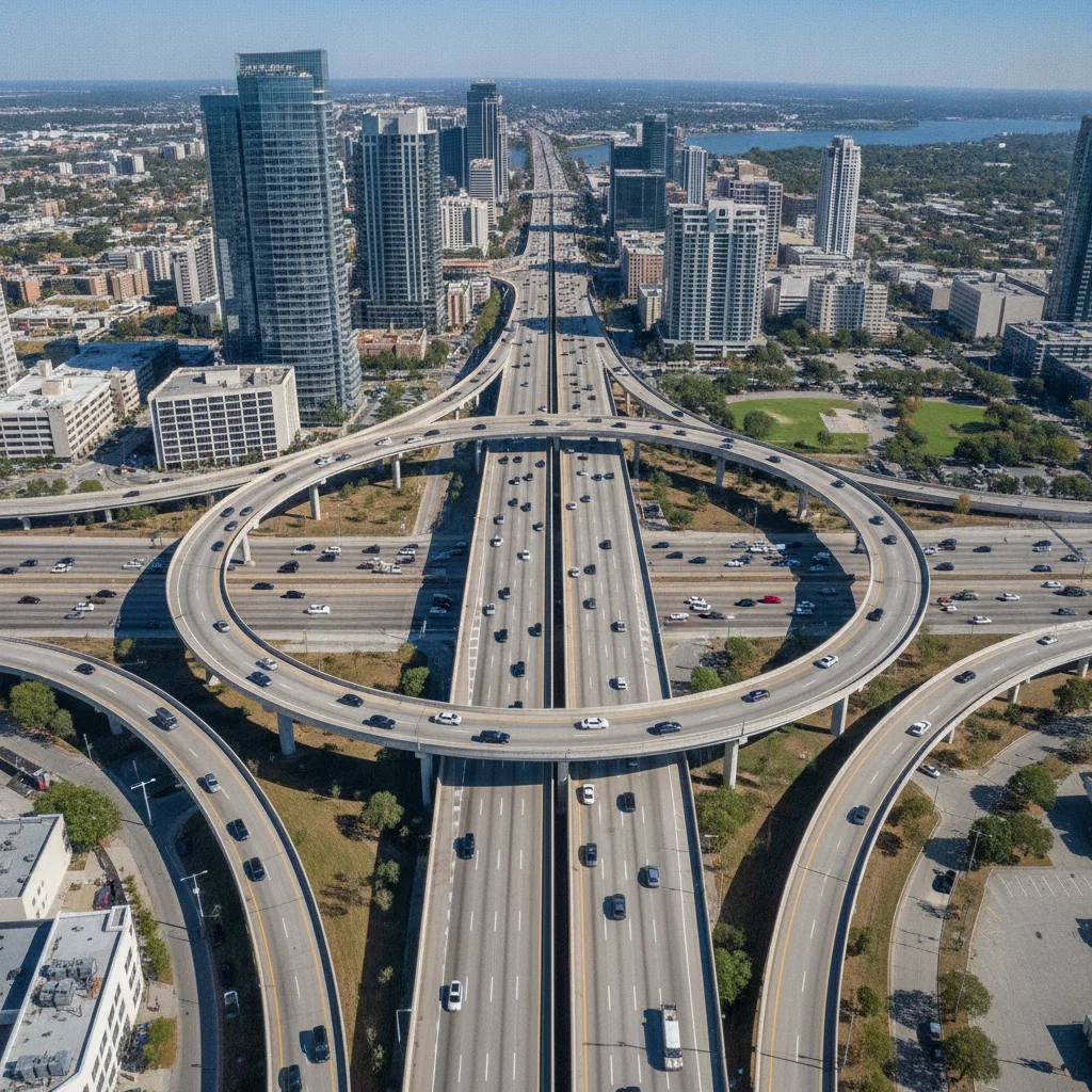 Aerial view of a highway interchange showing on-ramps and acceleration lanes merging with freeway traffic