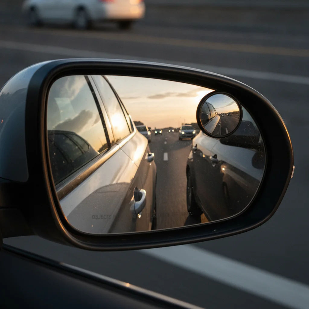 Vehicle side mirror showing a car partially hidden in the blind spot zone during a highway lane change