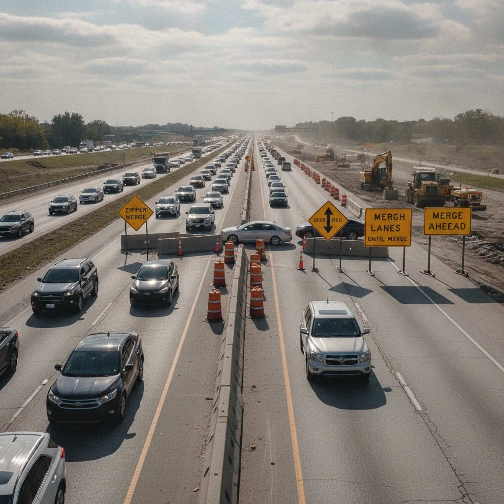 Highway construction zone with zipper merge signs and two lanes of traffic alternating at a single merge point