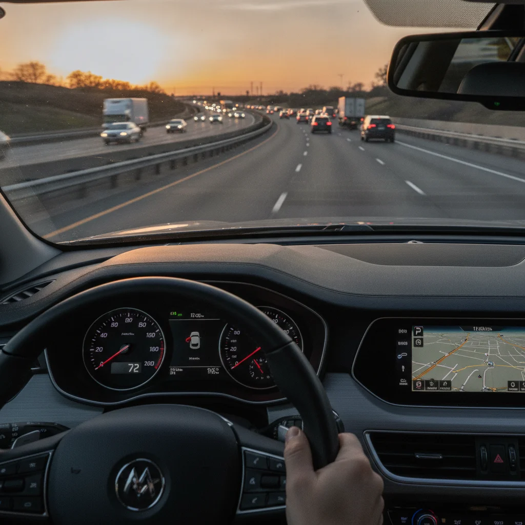 Driver's view from inside a vehicle on a highway on-ramp with speedometer and traffic visible ahead