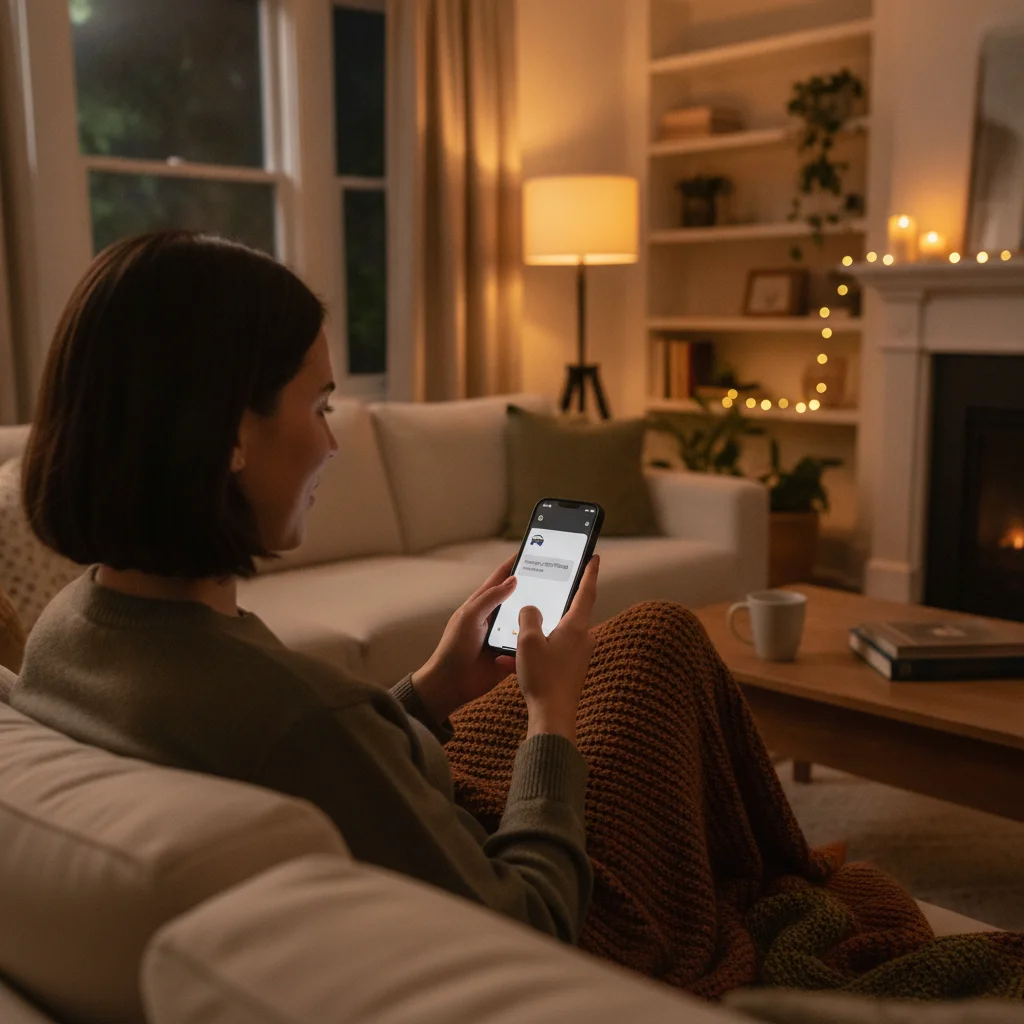 Person replying to a car inquiry on a smartphone in a cozy living room setting