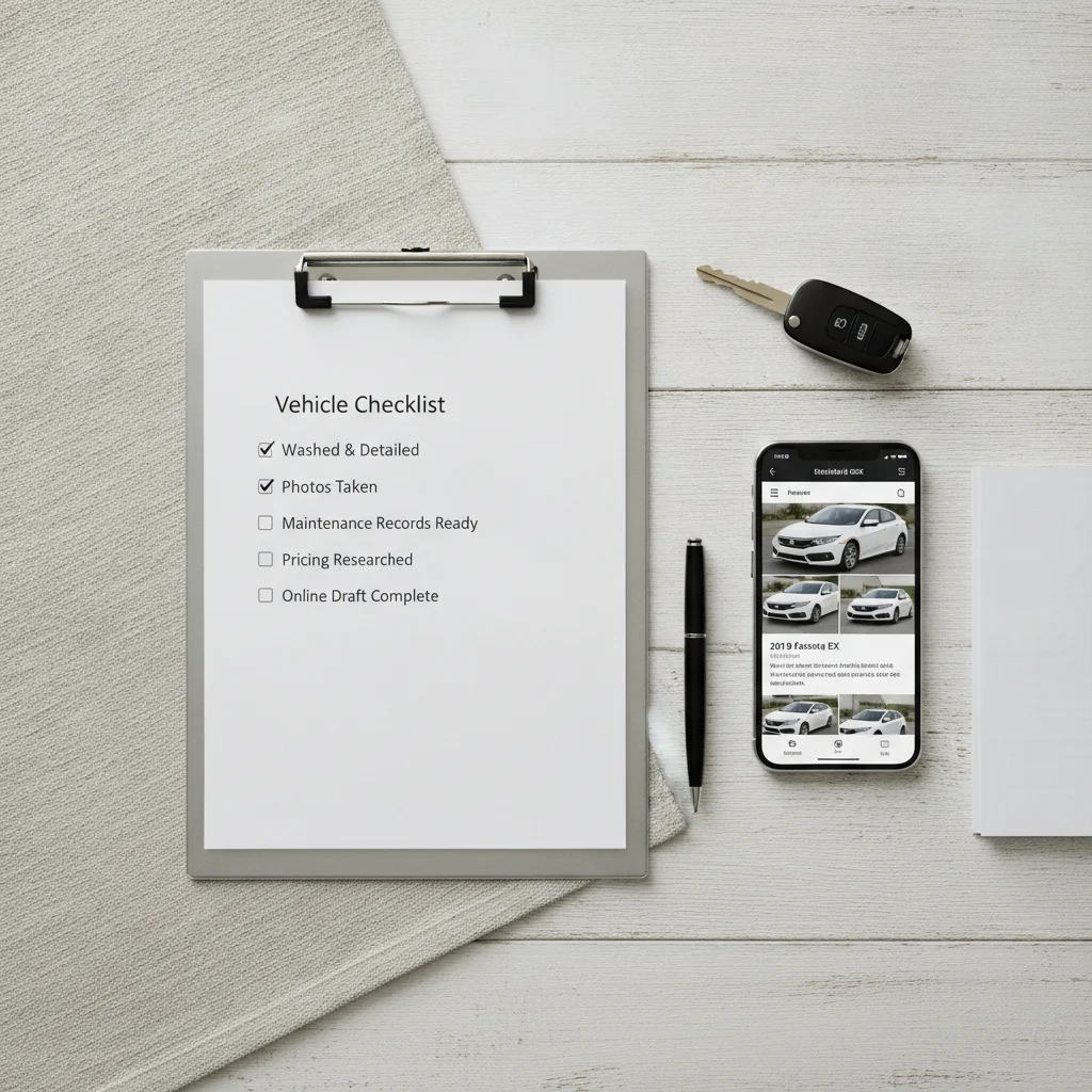 Clipboard checklist, car keys, and smartphone with completed listing draft arranged on a flat surface