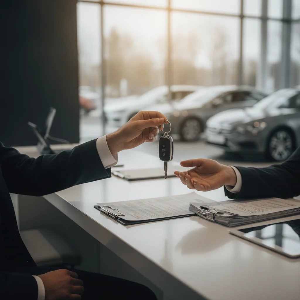 Car keys being handed over at a dealership counter with insurance and purchase paperwork nearby