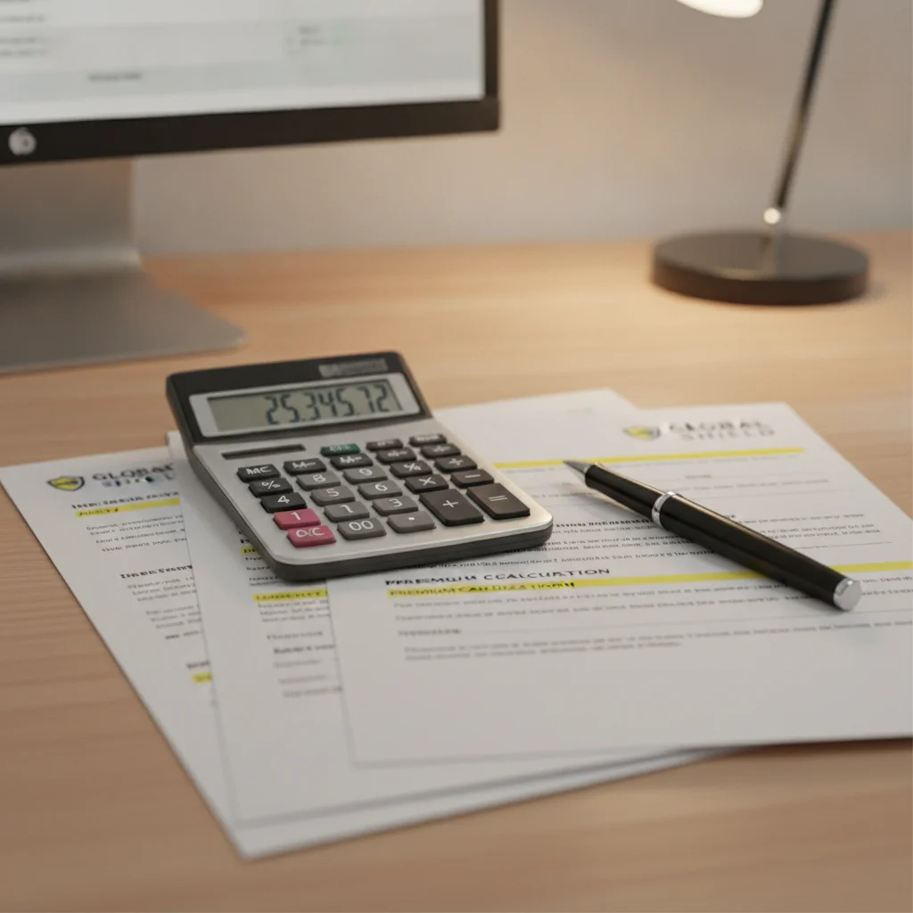 Calculator and printed insurance policy documents on a desk being reviewed for cost calculations