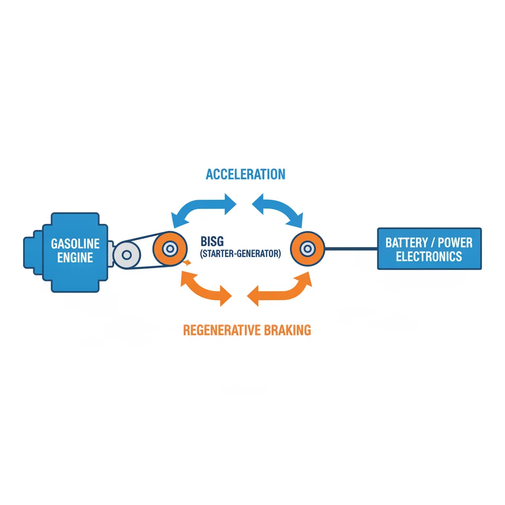 Diagram of a 48V belt-integrated starter-generator showing energy flow during acceleration and braking