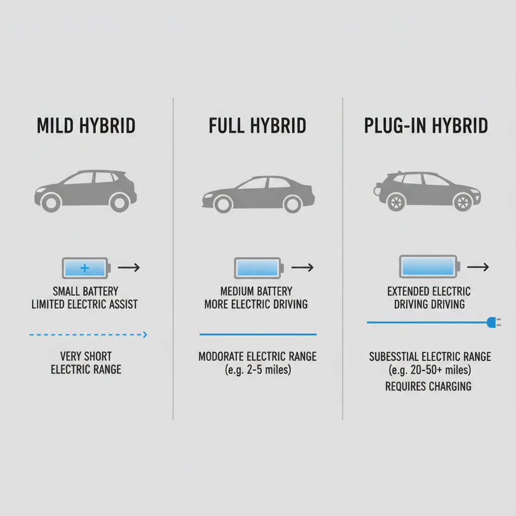 Infographic comparing mild hybrid, full hybrid, and plug-in hybrid battery sizes and electric capabilities