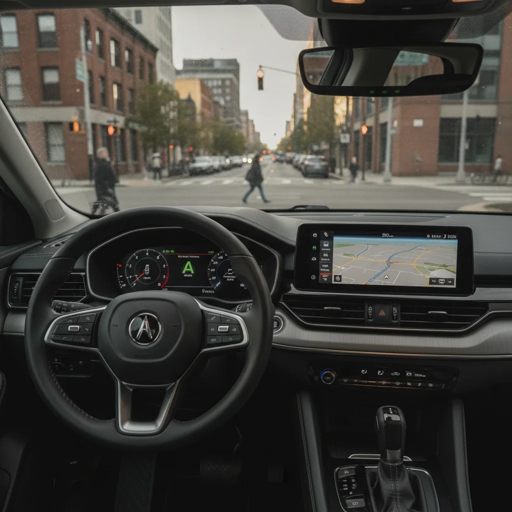 Interior view of mild hybrid SUV dashboard showing stop-start system indicator at a city traffic light