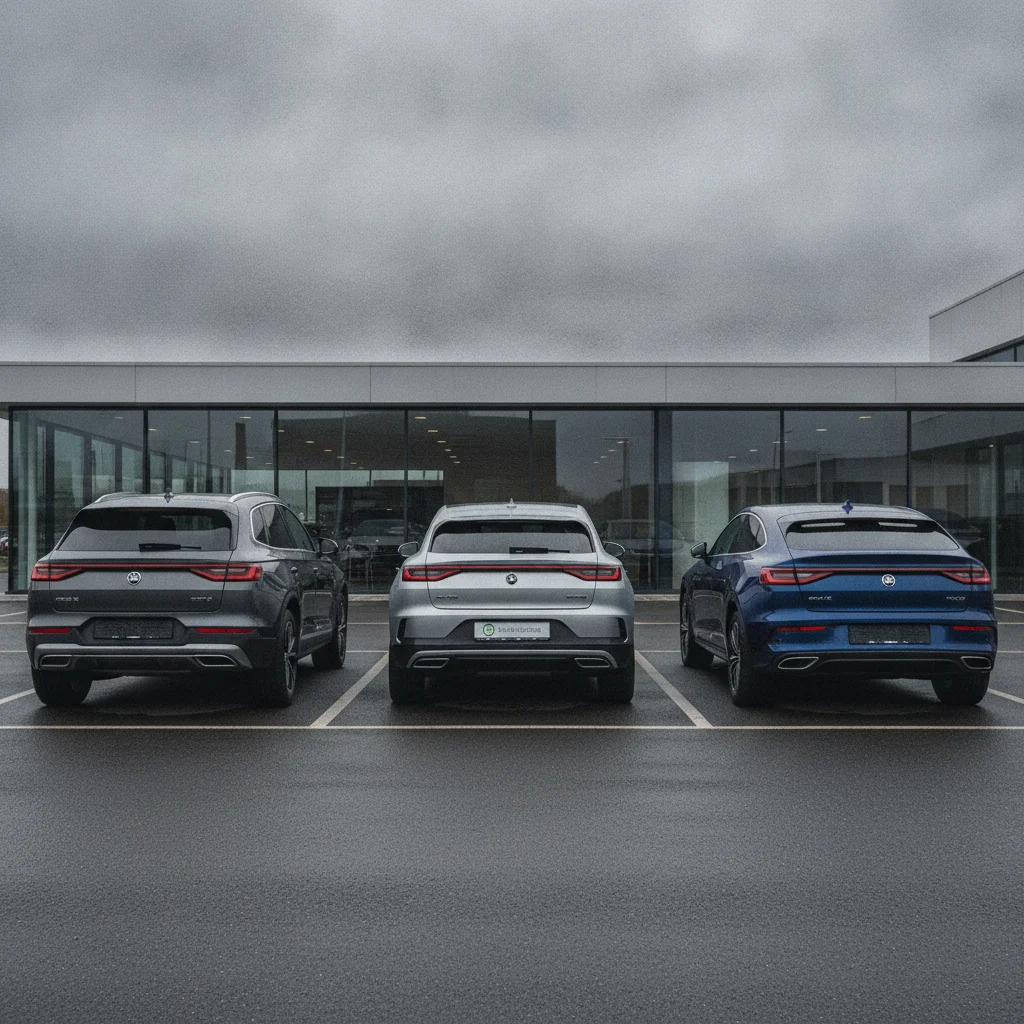 Three modern SUVs in a dealership lot with a mild hybrid badge visible on one vehicle