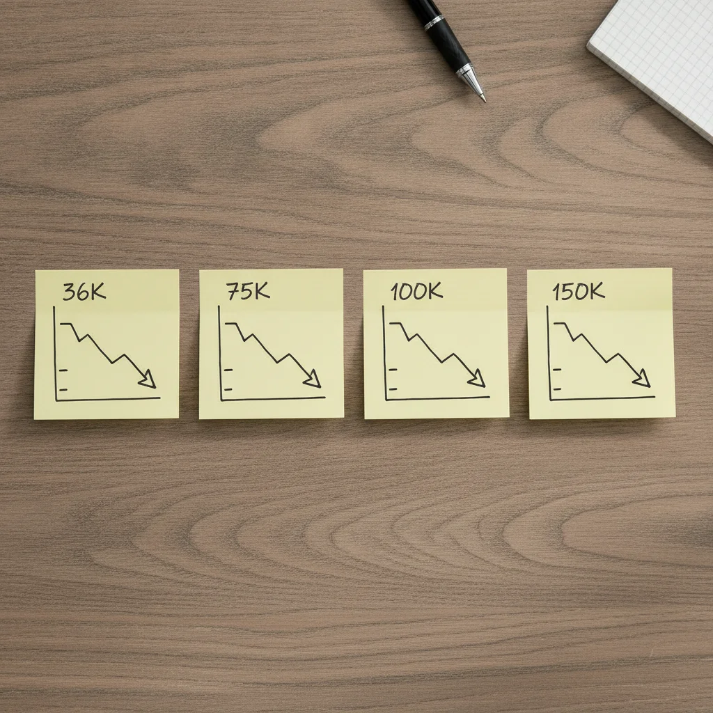 Four sticky notes showing mileage milestones 36K, 75K, 100K, and 150K with depreciation arrows