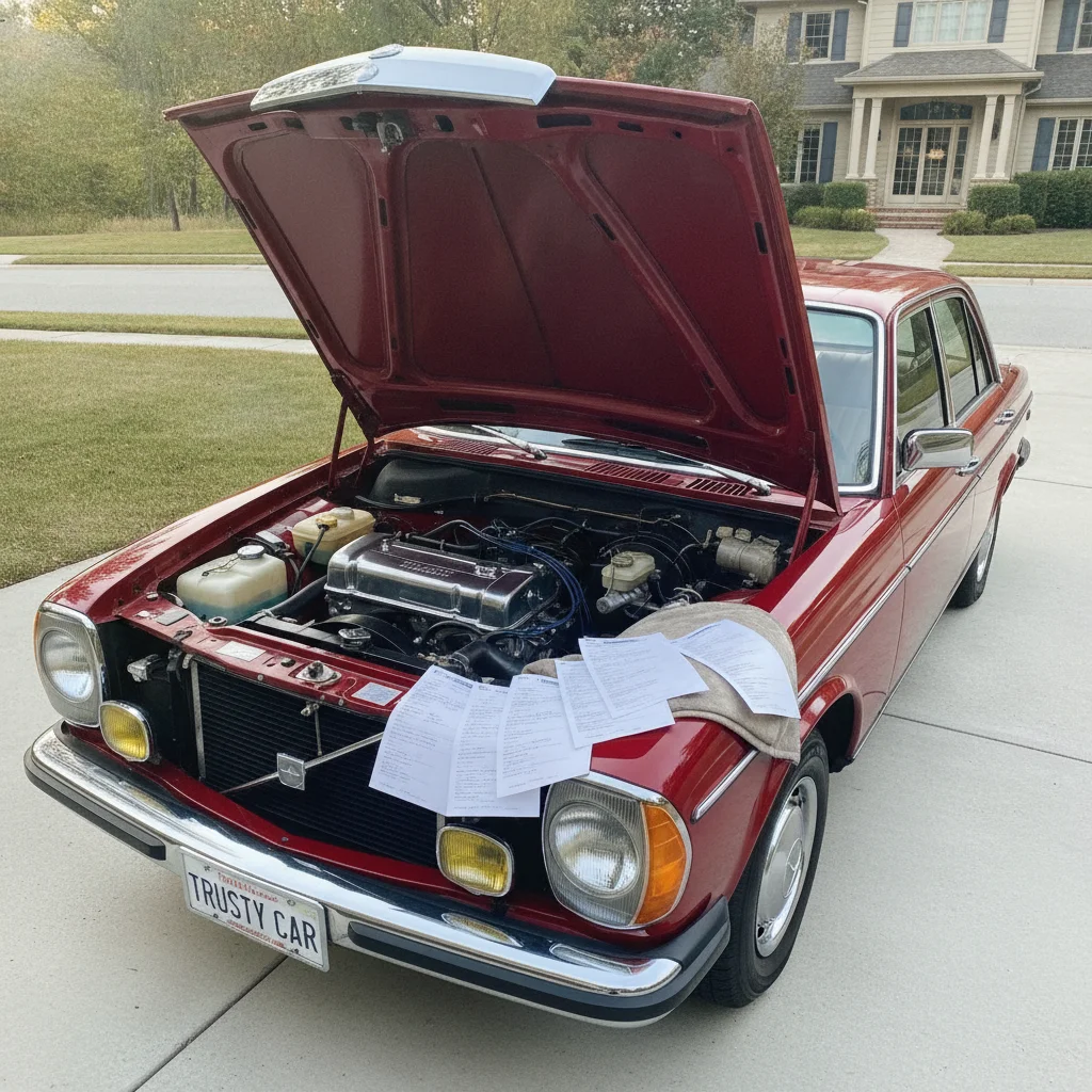 Well-maintained used car with service records displayed on the hood in a driveway