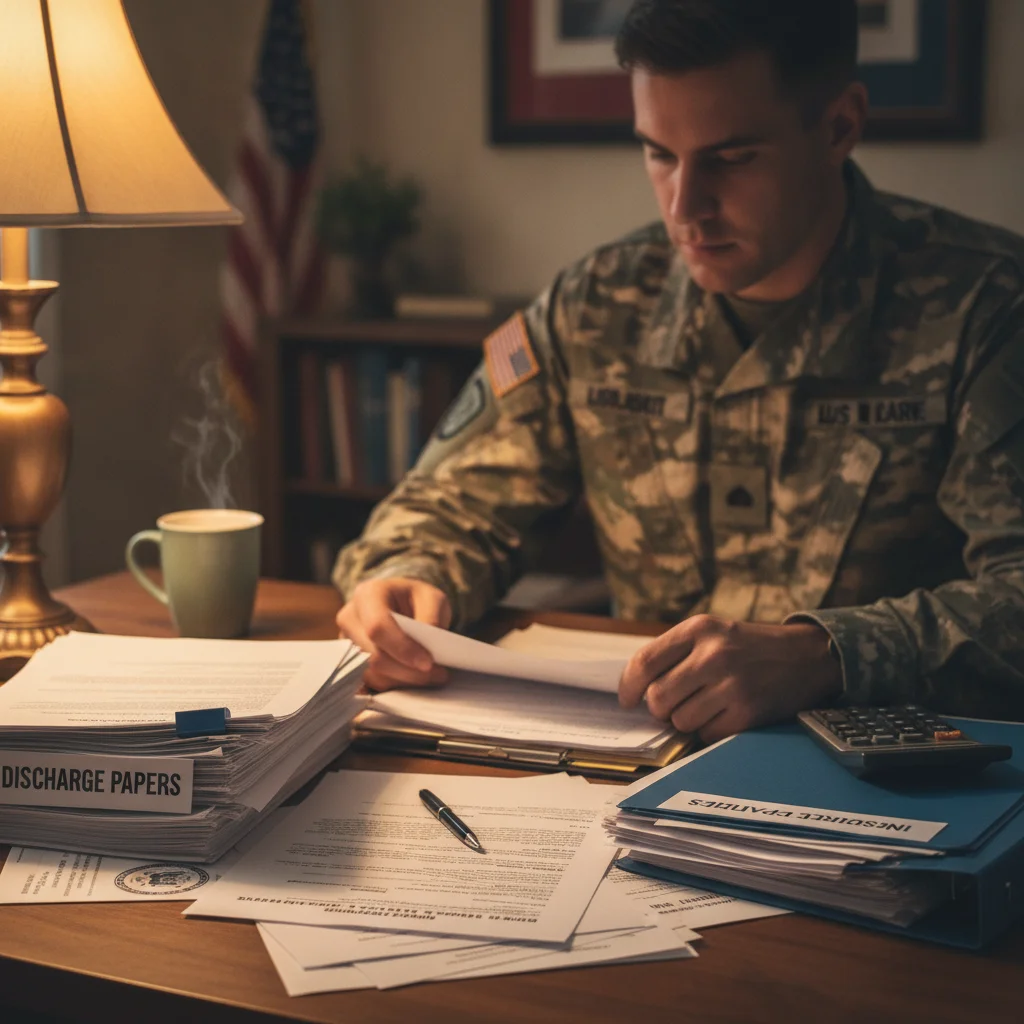 Military service member organizing discharge documents and auto insurance paperwork at a home desk