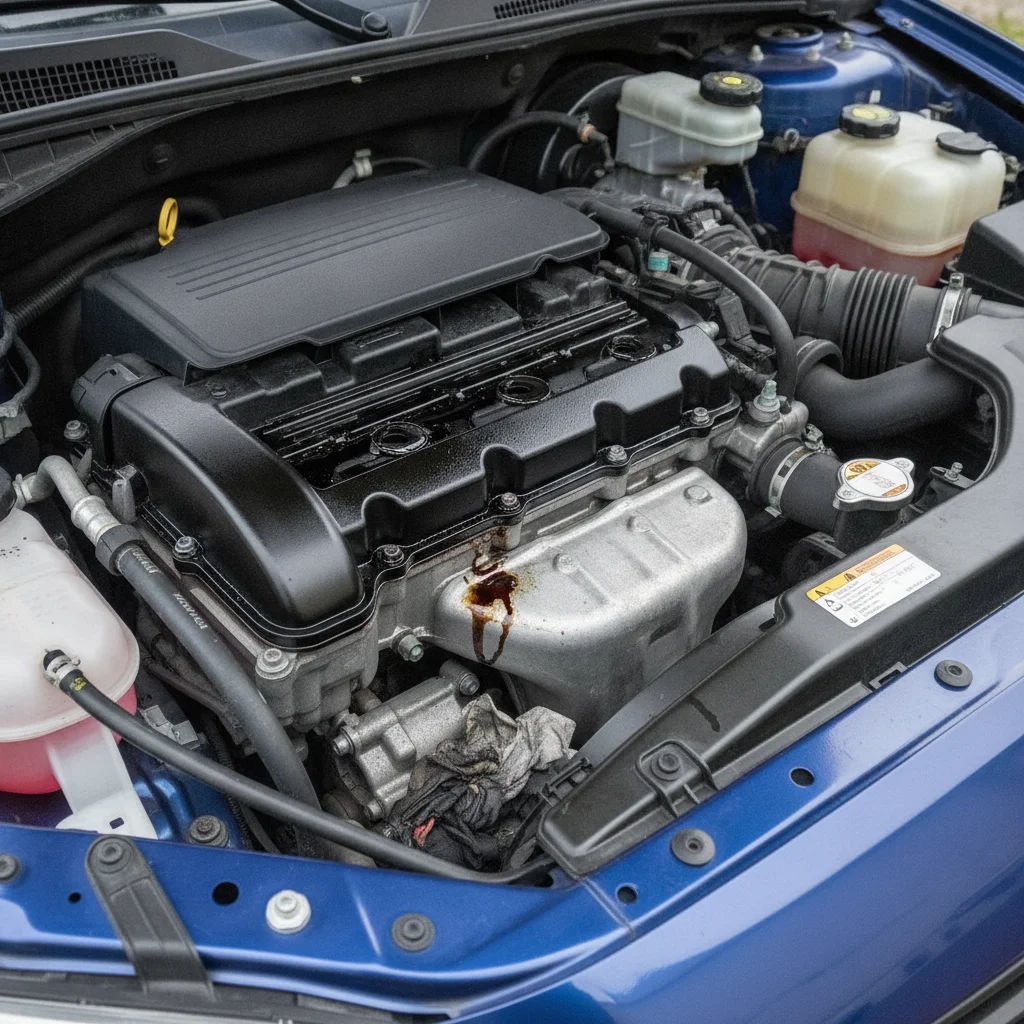 Used car engine bay showing fresh oil residue near a gasket despite recent cleaning attempts