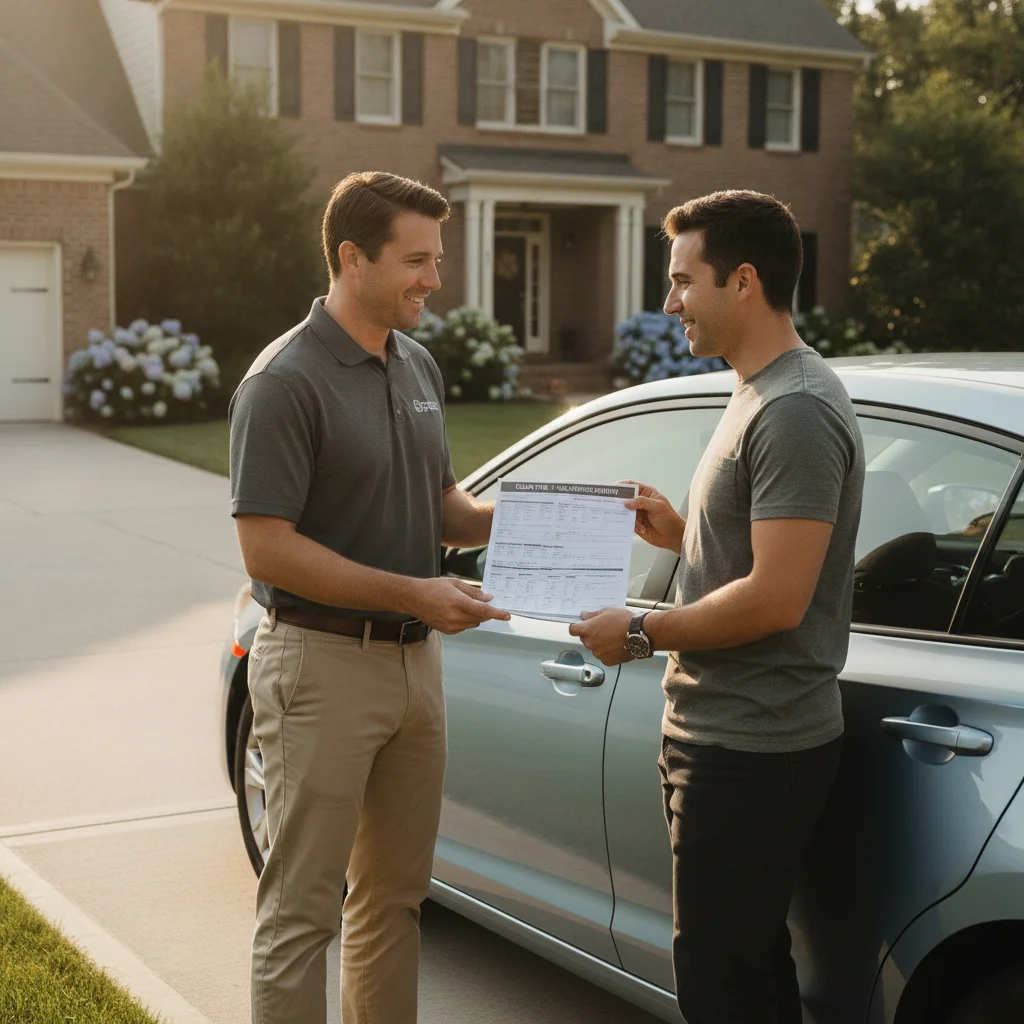 A car seller handing a printed vehicle history report to a prospective buyer beside a clean sedan