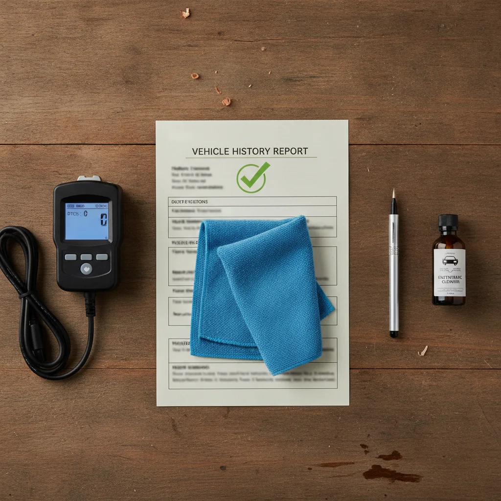 Flat-lay of legitimate car preparation tools including OBD scanner, cleaning supplies, and vehicle history documents