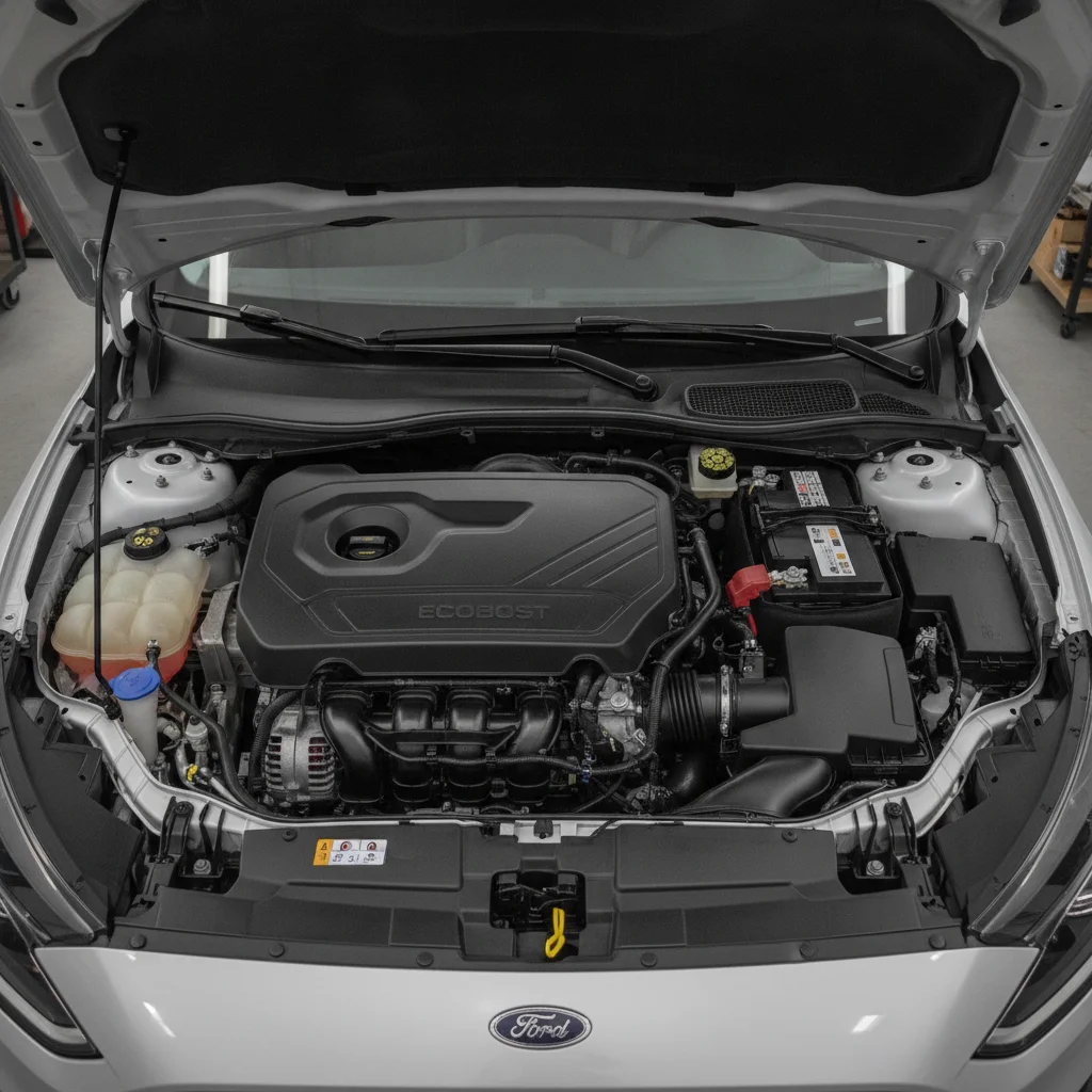 Overhead view of a modern car engine bay showing major fluid reservoirs, battery, and belt routing