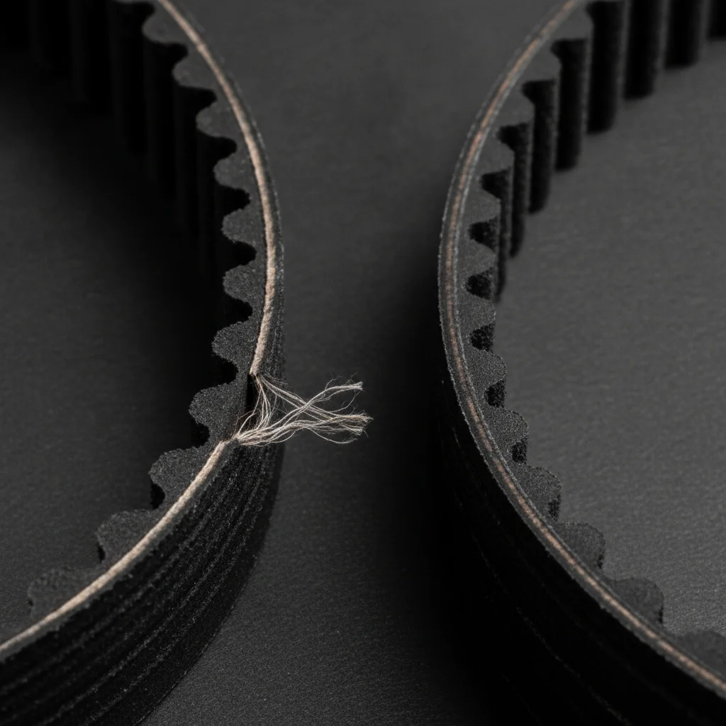 Side-by-side comparison of a worn cracked serpentine belt next to a new replacement belt