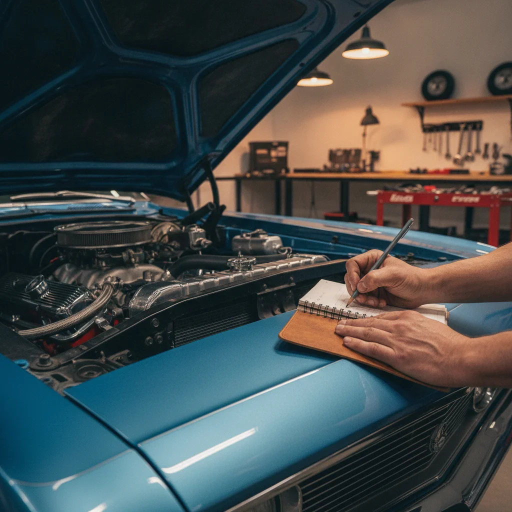 Person writing vehicle maintenance notes in a logbook resting on a car fender beside an open hood