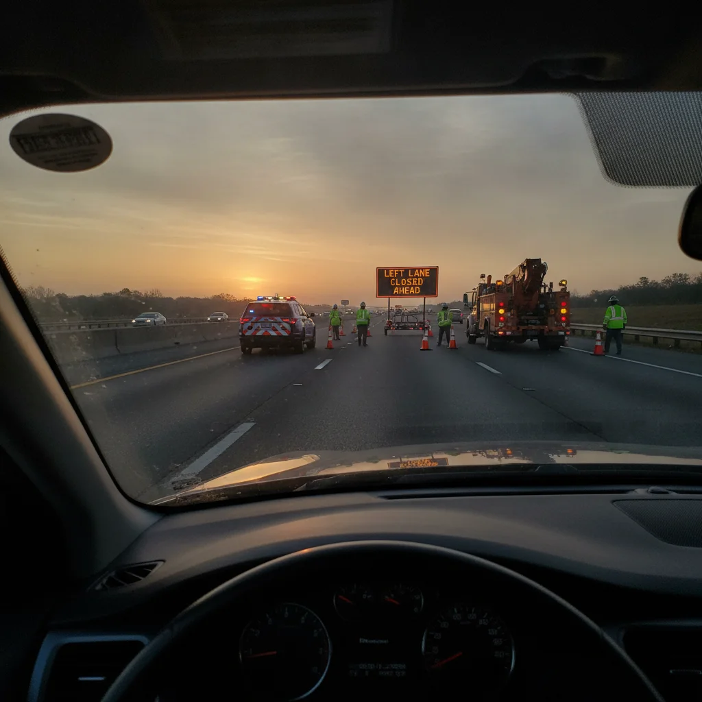 Driver's view through windshield approaching police cruiser with flashing lights on highway shoulder