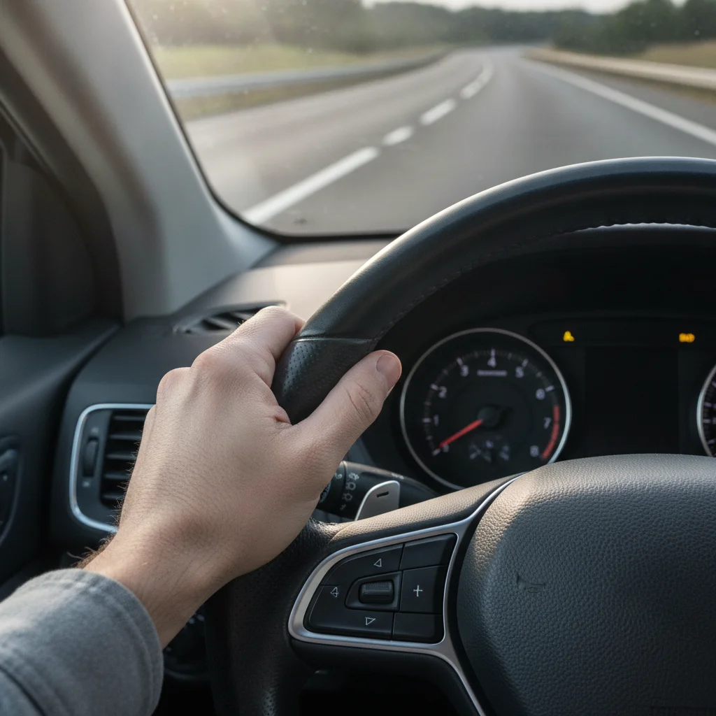 Driver's hands on steering wheel with turn signal activated, preparing to change lanes on a highway