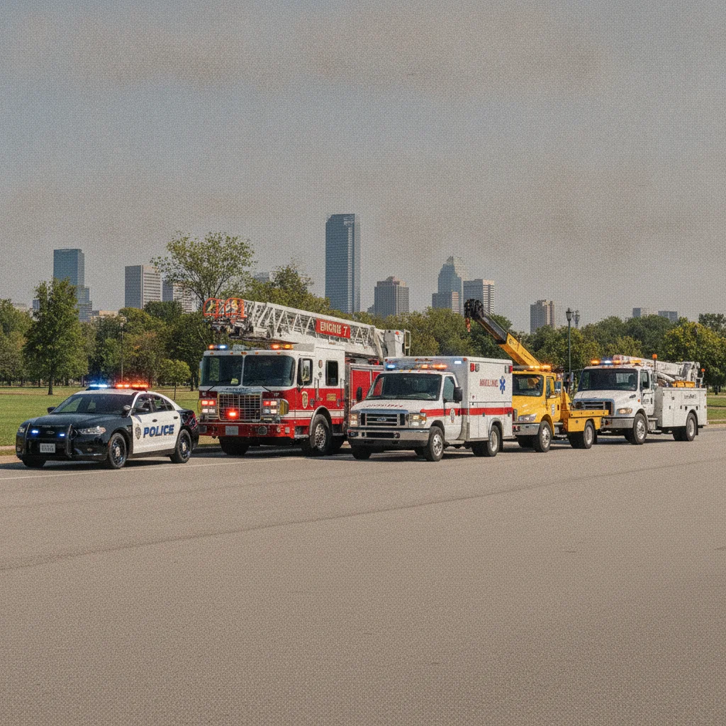 Row of police cruiser, fire truck, ambulance, tow truck, and utility truck representing Move Over law covered vehicles