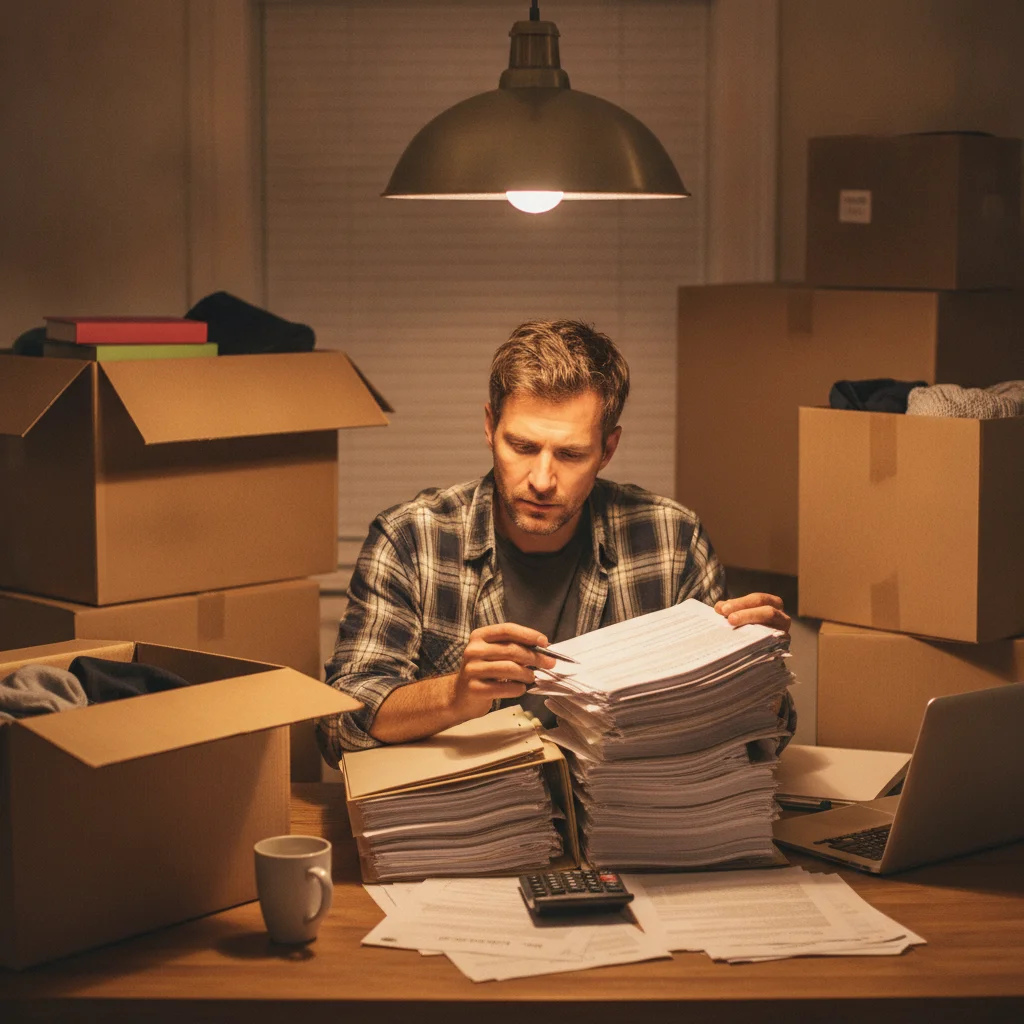 Person reviewing auto insurance documents at a kitchen table surrounded by moving boxes