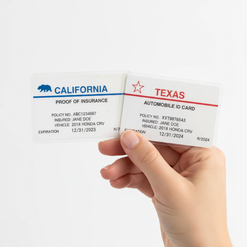 Two auto insurance ID cards side by side representing coverage in two different states